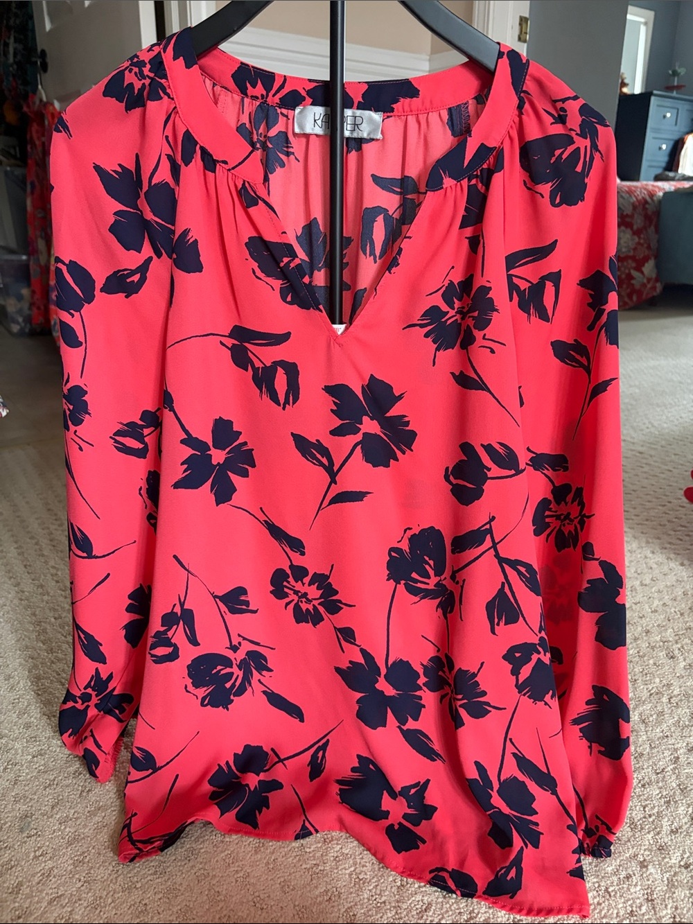 Kasper Coral Pink Blouse with Navy Floral Print